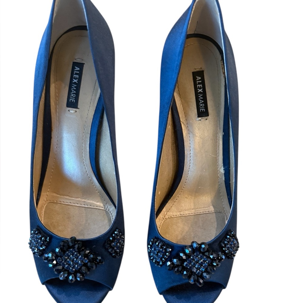 Alex Marie Satin Jeweled Peep Toe Heels in Royal Blue Size 7.5 - Picture 5 of 8